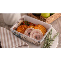 Chicken roulette with potato pancakes and eggplant saute